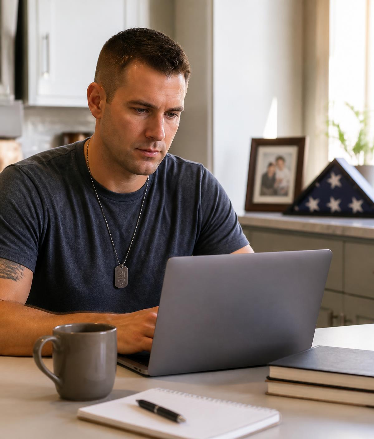 Recently separated service member studying online at his kitchen table